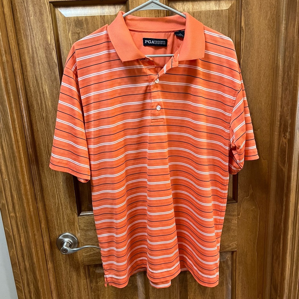 Men’s PGA Tour Golf Polo Stripe Orange Large - Picture 1 of 4